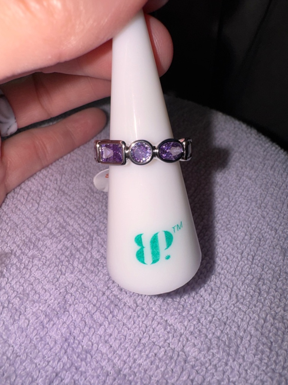 bp Silver Band Ring with Purple Gemstones